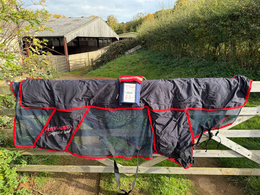 ActivoMed PEMF pulsed electromagnetic field therapy rug for horses, displayed over a wooden gate showing the magnetic therapy rug, mesh panels and control unit